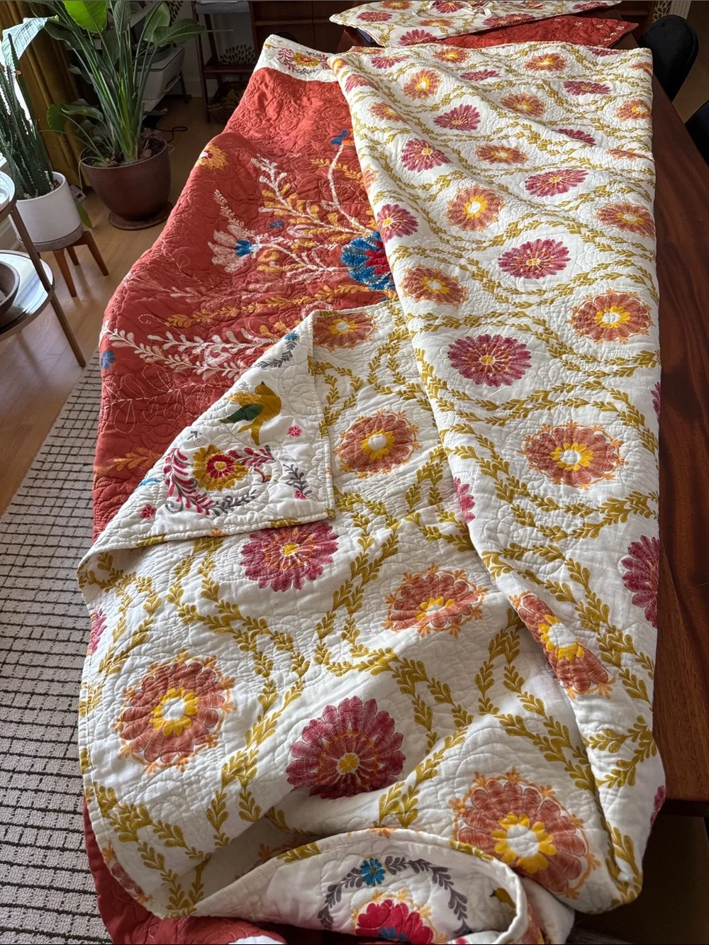 King size, Handcrafted Floral Quilt - Rust and White, multi colored
